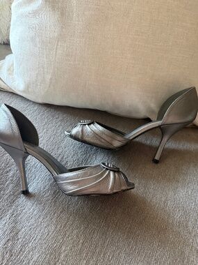 Via Uno Metallic Silver Peep-Toe D'Orsay Heels